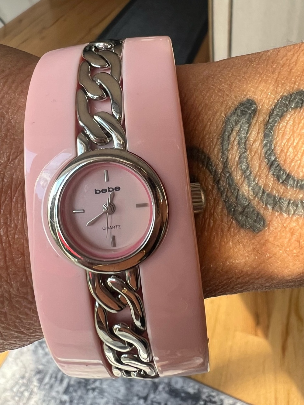 bebe Pink Bangle Watch with Silver Chain Detail